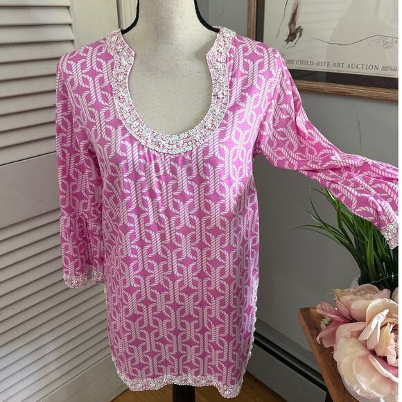 ESCAPADA Womens Tunic Pink Beaded Beach Preppy Coastal Resort Summer SMALL - Picture 1 of 11